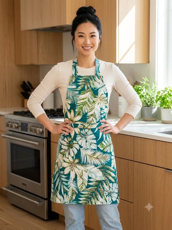 Handmade Other - 2021 - Tropical Palm & Floral Print Full Bib Apron – Teal/Green